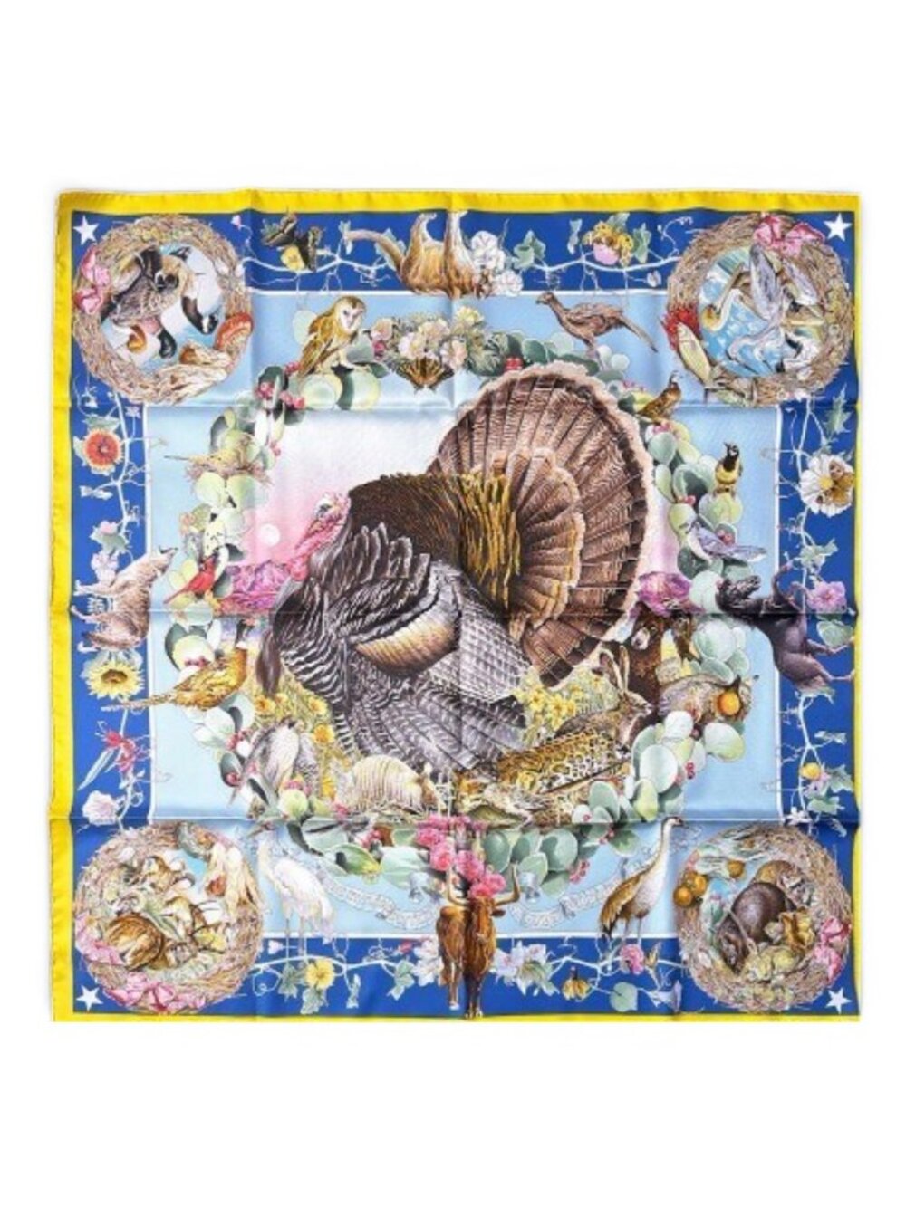 HERMES FAUNE ET FLORA "GRAIL" SILK SCARF 90, KERMIT OLIVER